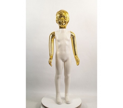 Манекен дитячий пластиковий дівчина на повний зріст білий з блискучими руками і головою (золото) 100 см