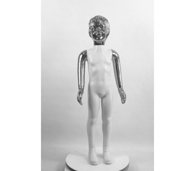 Манекен детский пластиковый девочка в полный рост белый с зеркальными руками и головой (платина) 120 см