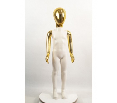 Манекен дитячий пластиковий, безликий на повний зріст білий із золотими руками та головою (золото) 100 см.