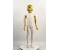 Манекен детский пластиковый девочка в полный рост белый с блестящими руками и головой (золото) 100 см