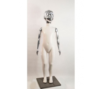 Манекен детский пластиковый девочка в полный рост белый с металлизированными руками и головой (платина) 120 см